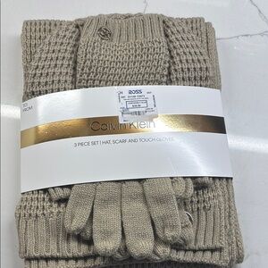 Calvin Klein Tan Knit Hat, Scarf, and Gloves Set